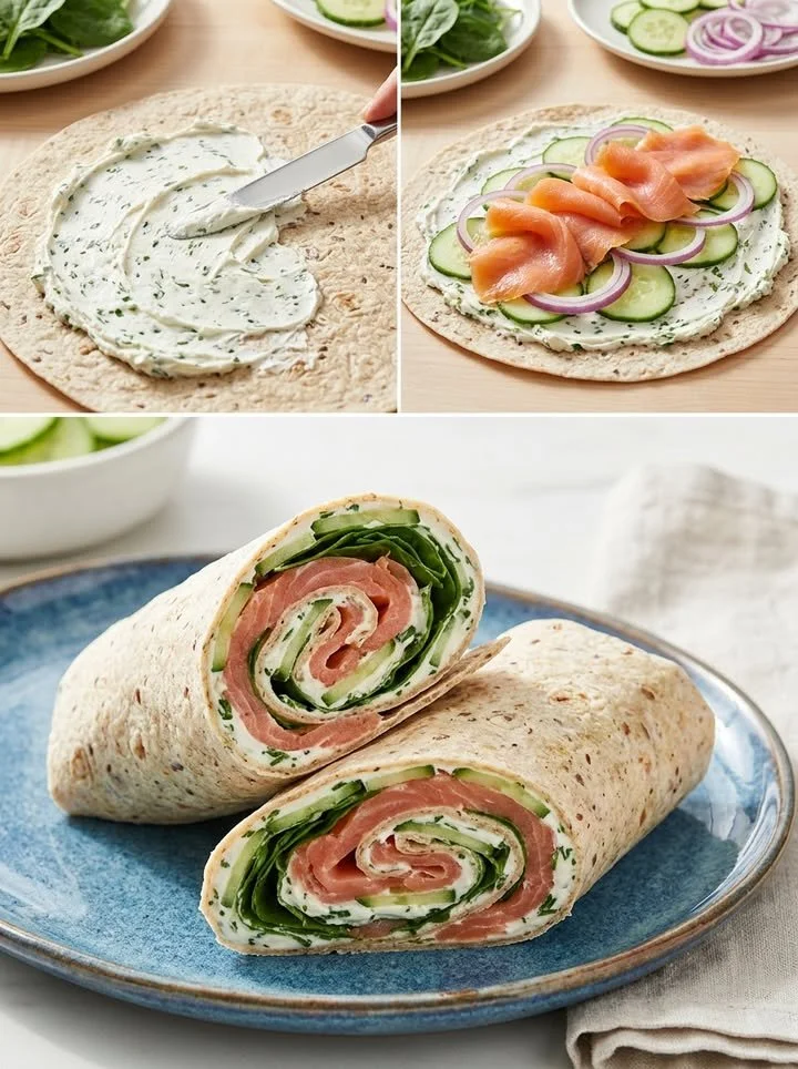 Gourmet-Wrap mit Räucherlachs und Kräuterkäse auf einem Teller