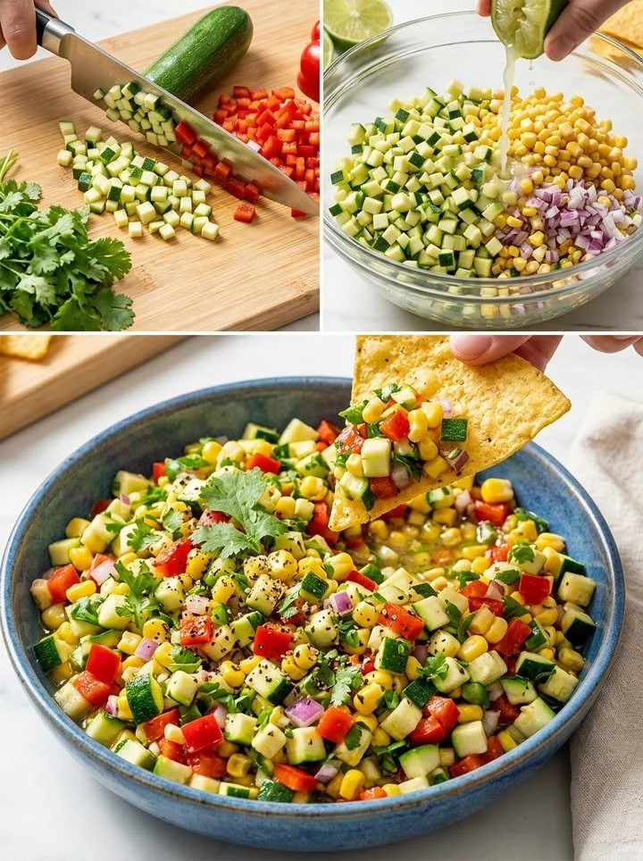 5-Minuten Zucchini-Salsa in einer Schüssel serviert.