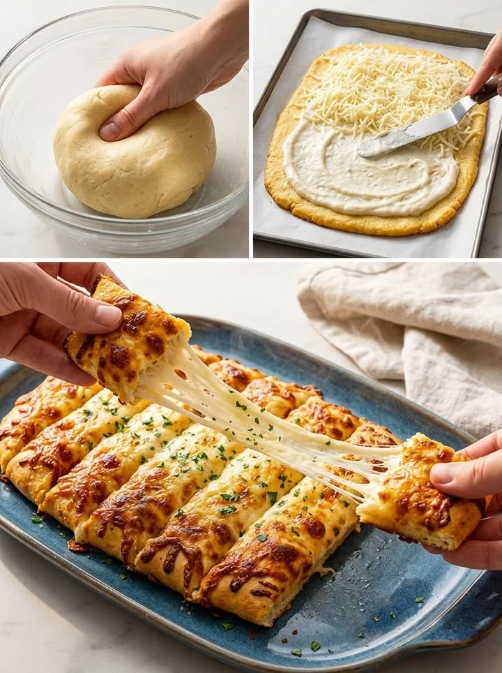 Alfredo Käsebrot-Sticks frisch zubereitet auf einem Holzbrett