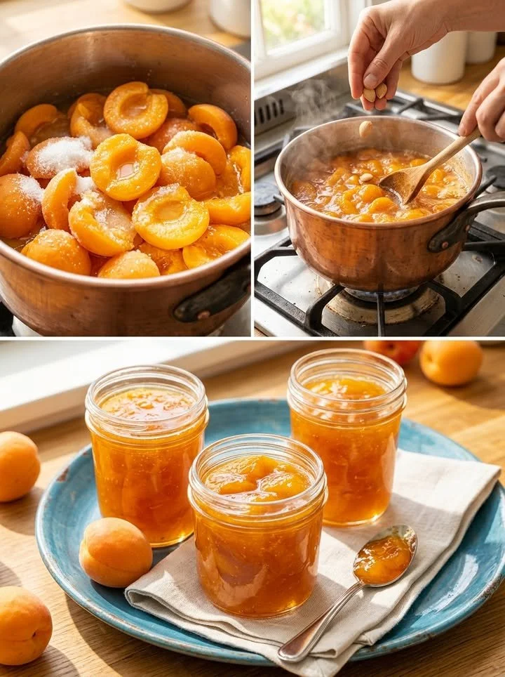 Hausgemachte Aprikosenmarmelade in einem Glas mit frischen Aprikosen