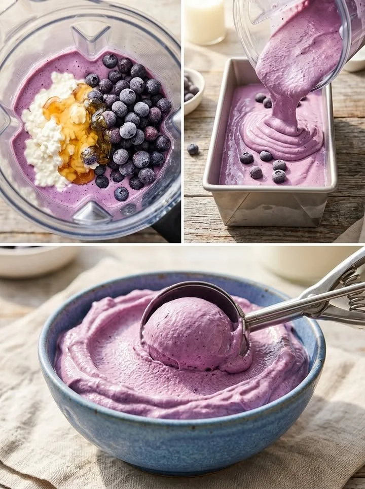 Schüssel mit Blaubeer-Proteineis als gesunder Snack für Fitnessfans