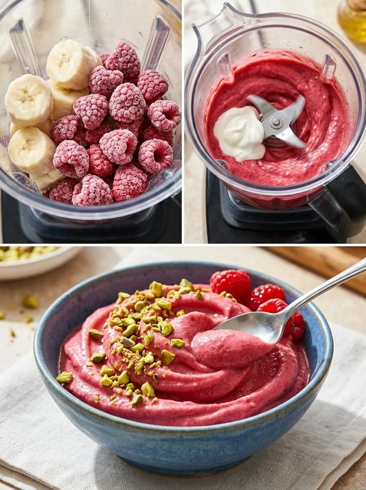 Schüssel mit frisch zubereiteter Blitz-Himbeer-Eiscreme