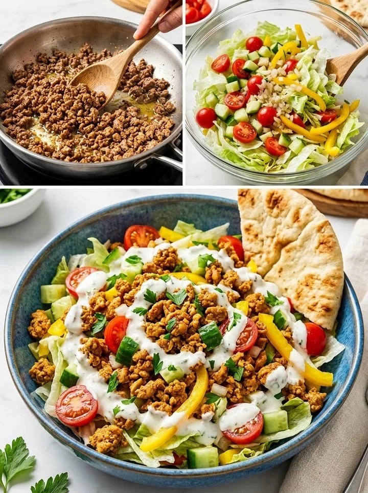 Bunter Hackfleisch-Salat mit frischem Gemüse und würzigem Dressing