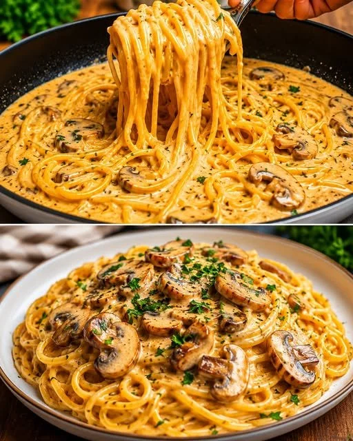 Schüssel mit Champignon-Spaghetti, liebevoll serviert mit frischen Kräutern.