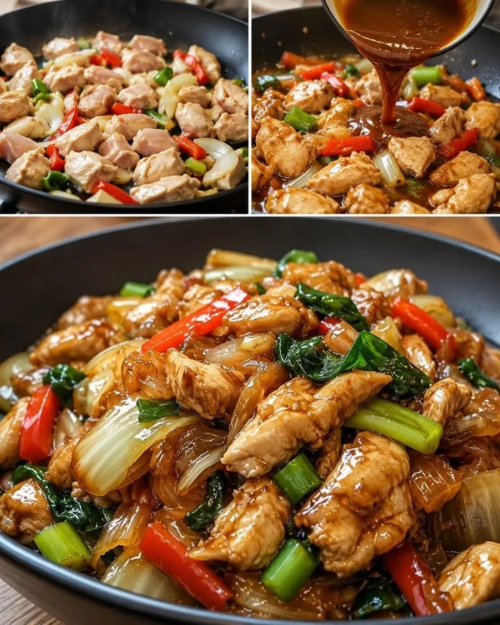 Chinesische Hähnchenpfanne mit buntem Gemüse und aromatischen Gewürzen.