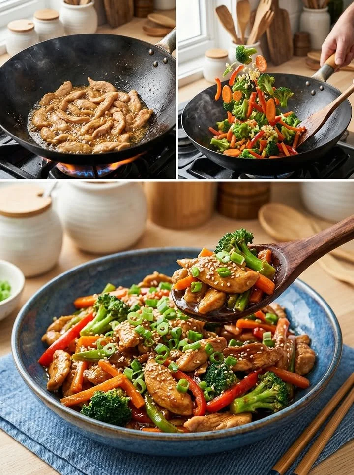 Chinesische Hühnchen-Gemüsepfanne mit frischem Gemüse und Hühnchenstücken.