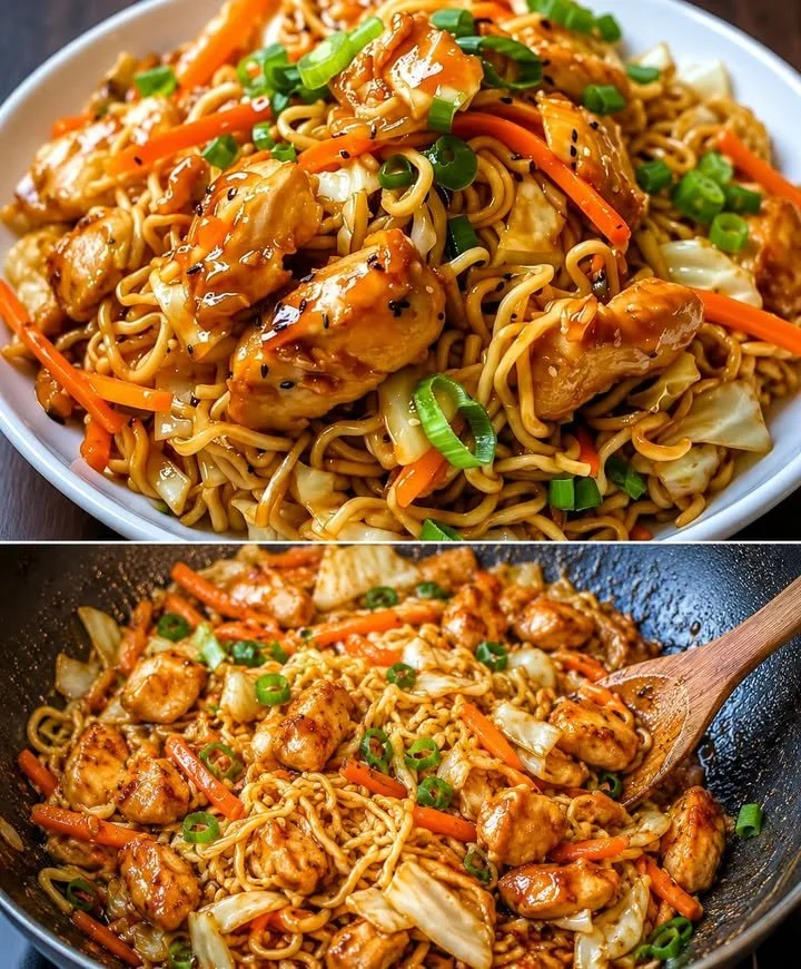 Schale mit Chinesischen Nudeln und Hähnchenfleisch, serviert mit Gemüse