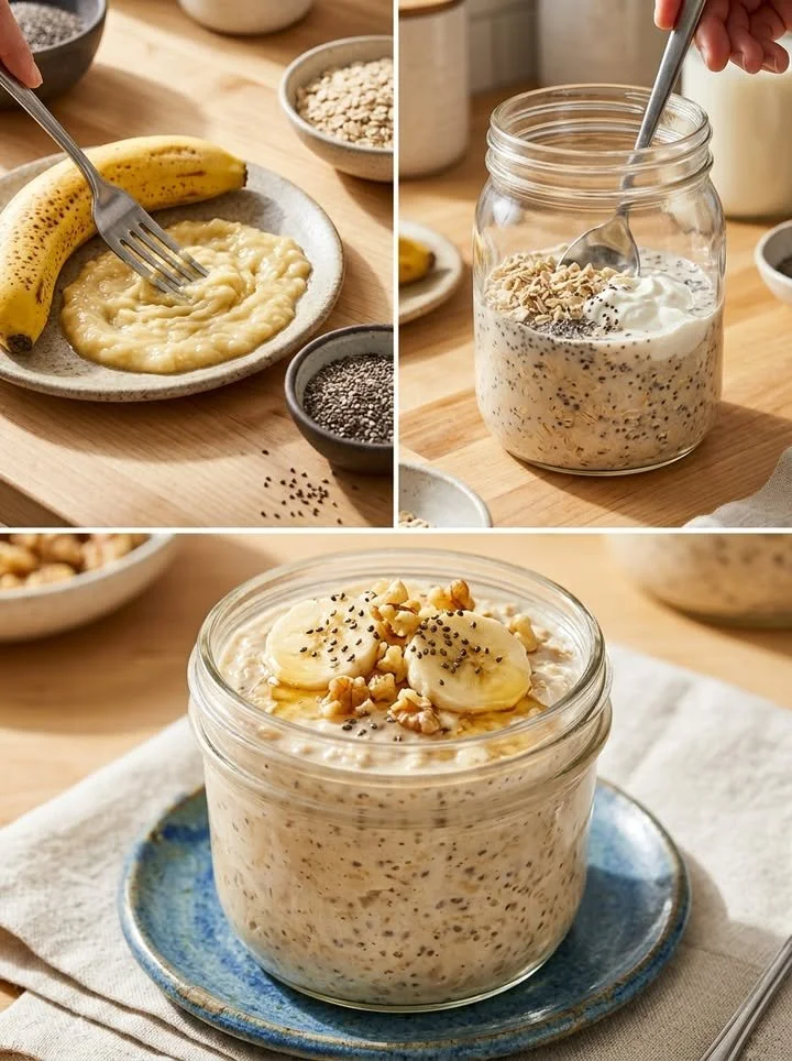 Cremige Bananen-Chia-Overnight-Oats im Glas mit frischen Bananen und Chiasamen