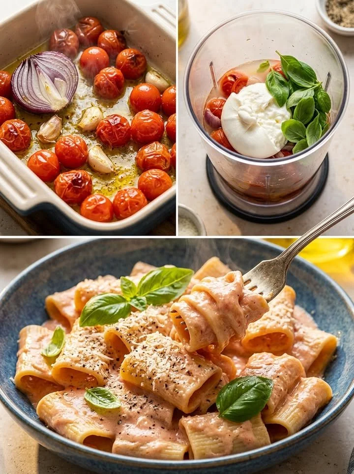 Cremige Burrata-Pasta mit frischen Zutaten in einem Teller serviert