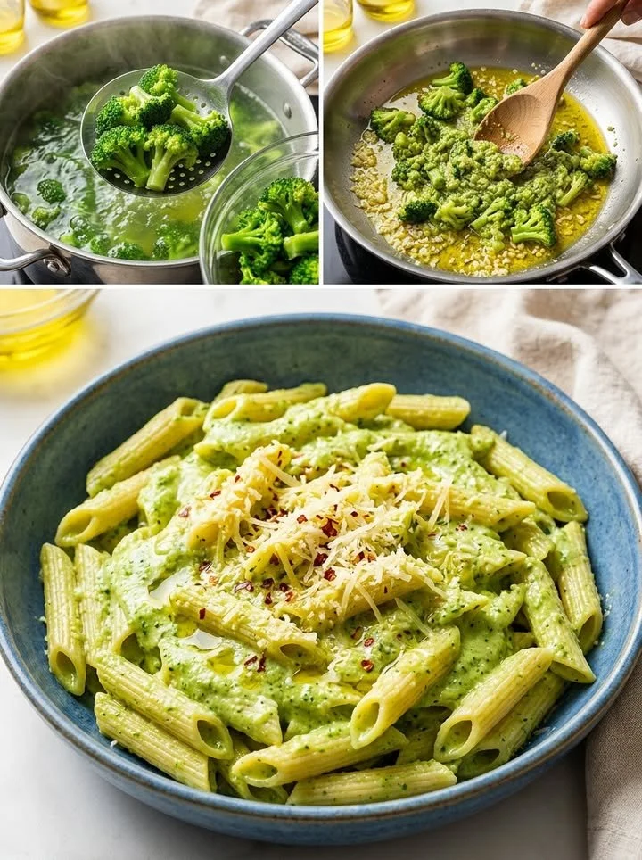 Cremige Brokkoli-Pasta auf einem Teller, garniert mit Parmesan.