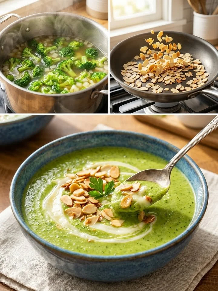 Cremige Brokkolisuppe mit schmelzendem Brie in einer Schüssel serviert
