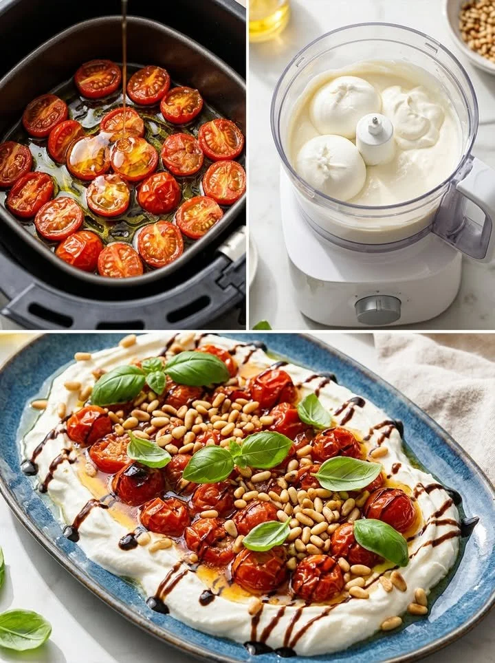 Cremige Burrata-Creme mit honiggeschmolzenen Tomaten auf einem Teller