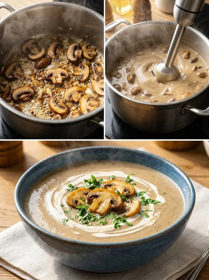 Cremige deutsche Pilzsuppe mit frischen Pilzen, Kräutern und Sahne serviert.