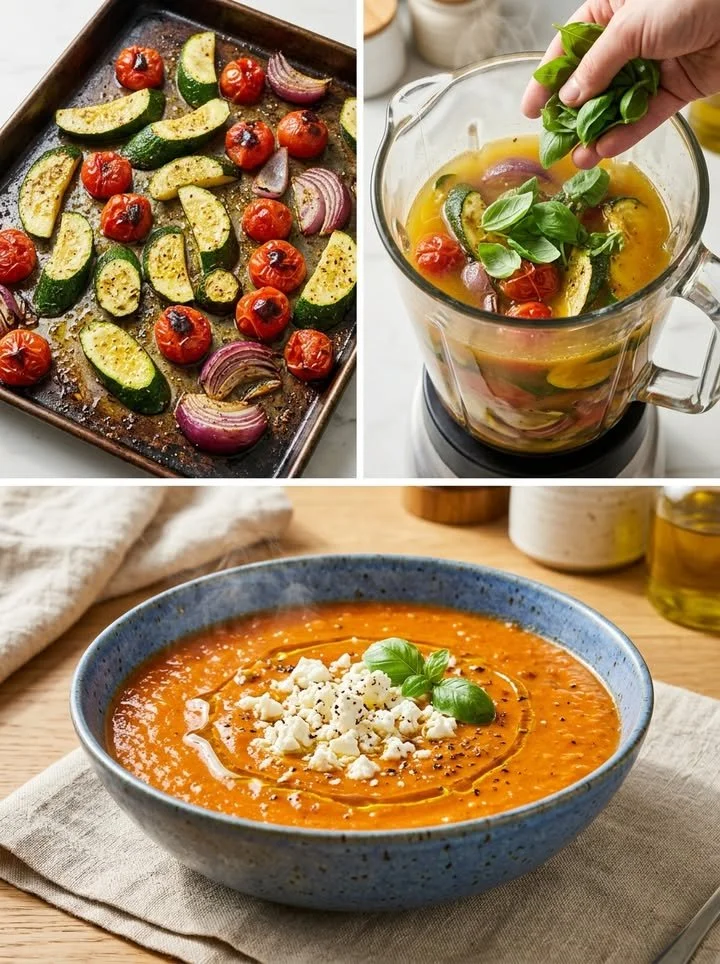 Cremige geröstete Zucchini-Tomaten-Suppe in einer Schüssel, garniert mit frischen Kräutern.