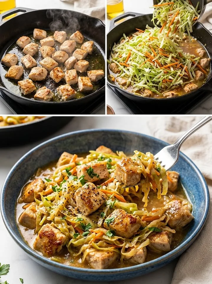 Cremige Hähnchen-Kohl-Pfanne mit frischem Gemüse
