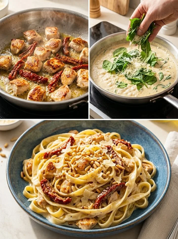 Cremige Hähnchen-Tagliatelle in einer Schüssel serviert