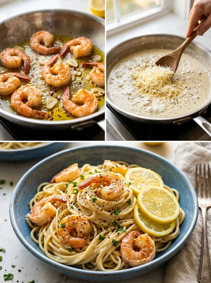 Cremige Knoblauch-Garnelen-Spaghetti mit frischen Garnelen und aromatischem Knoblauch