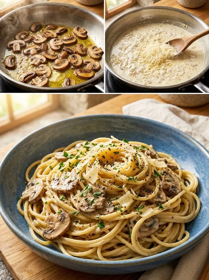 Cremige Pfannen-Champignon-Spaghetti mit frischen Zutaten
