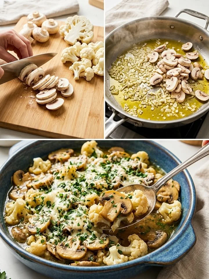 Cremige Pilz-Blumenkohl-Pfanne mit frischen Zutaten und würziger Soße.