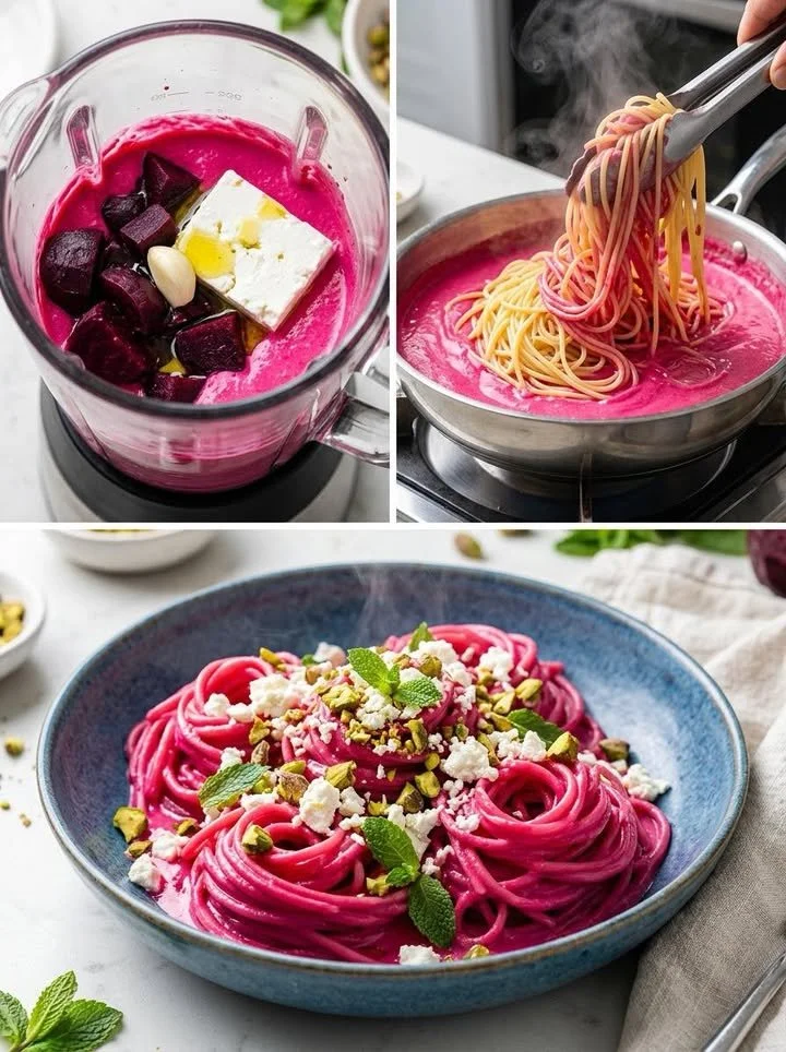 Cremige Pink Pasta mit Rote Bete und Feta auf einem Teller serviert