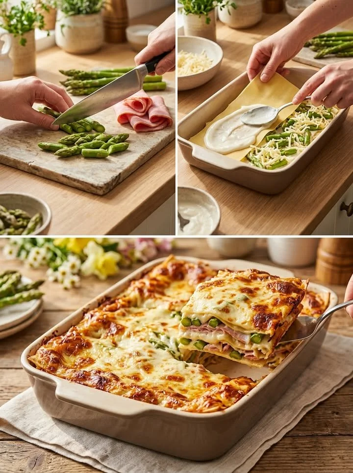Cremige Spargel-Schinken-Lasagne mit frischem Spargel und Schinken