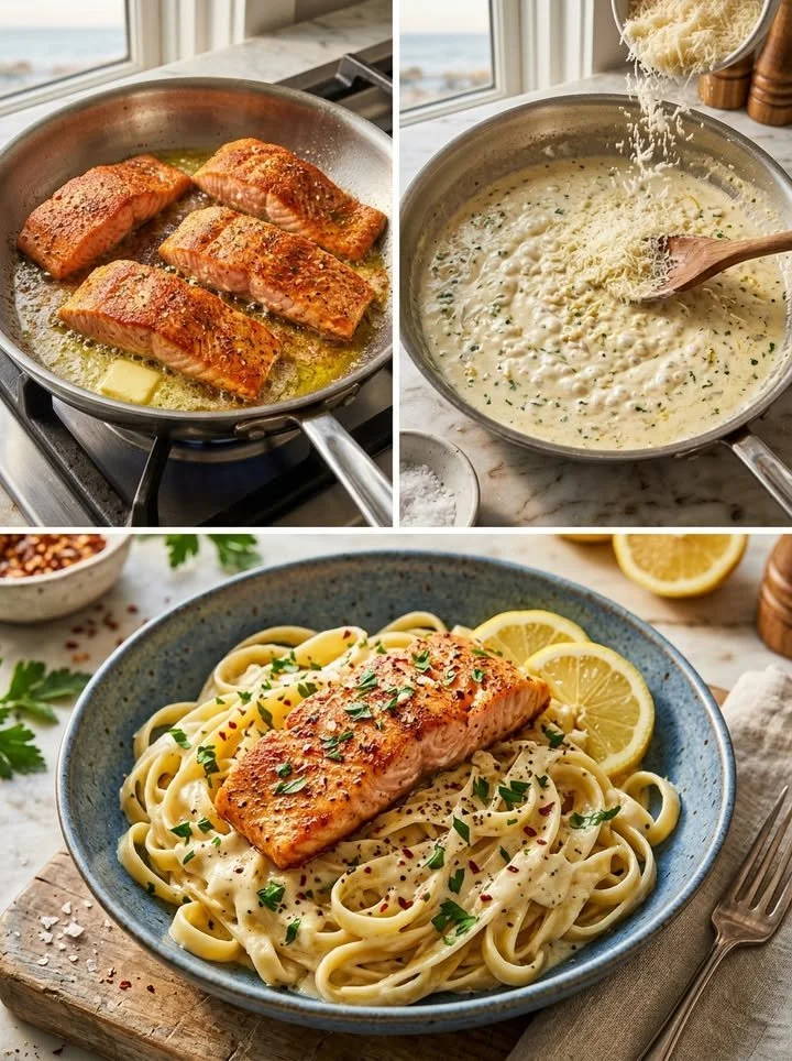 Cremige Zitronen-Knoblauch-Lachs-Pasta auf einem Teller serviert.