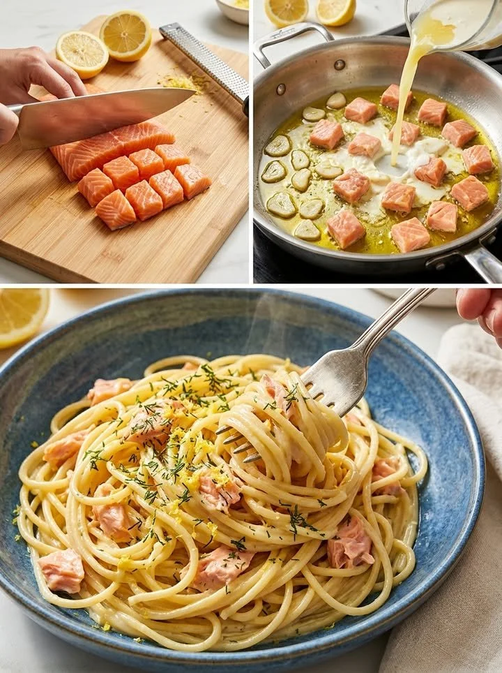 Cremige Zitronen-Lachs-Spaghetti mit frischen Kräutern und Zitrone