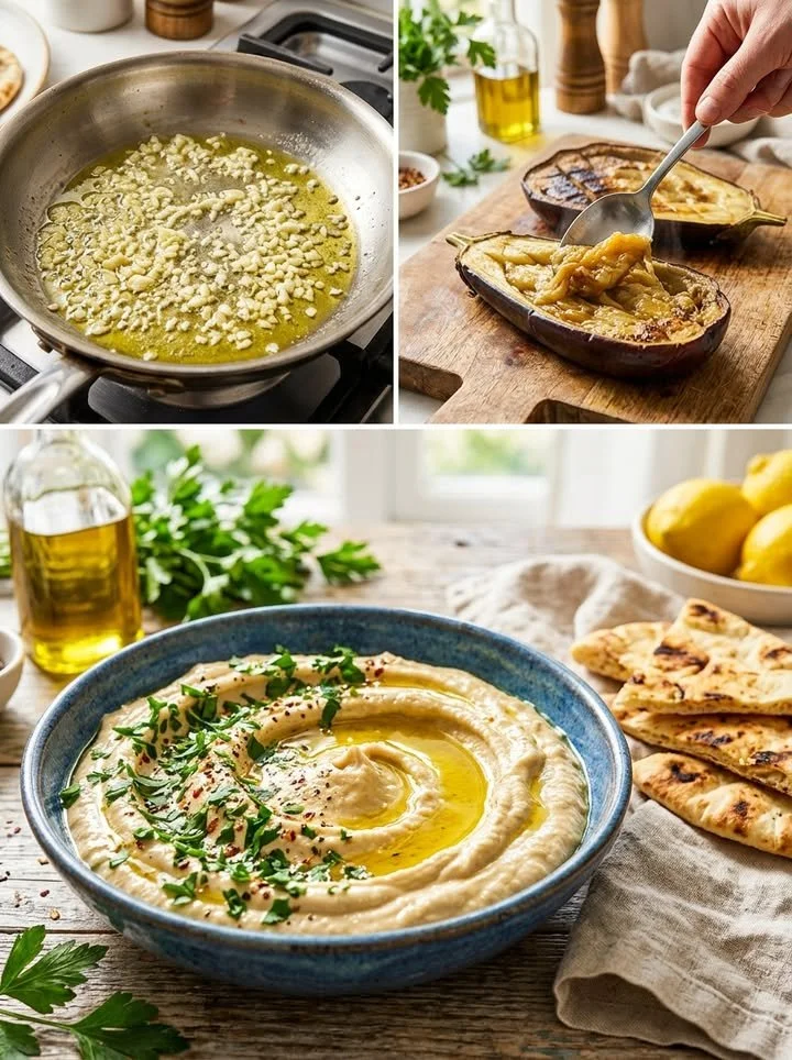Cremiger Knoblauch-Auberginen-Dip in Schale serviert