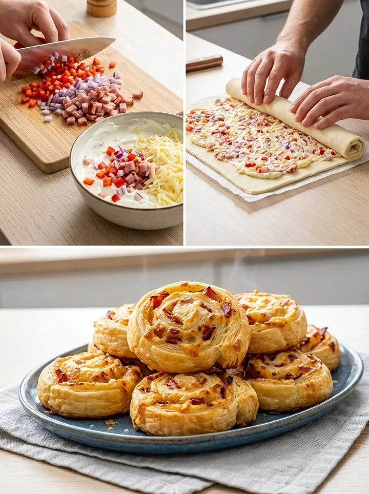 Leckere Pizza Swirls mit Schinken und cremigem Sauerrahm auf einem Teller