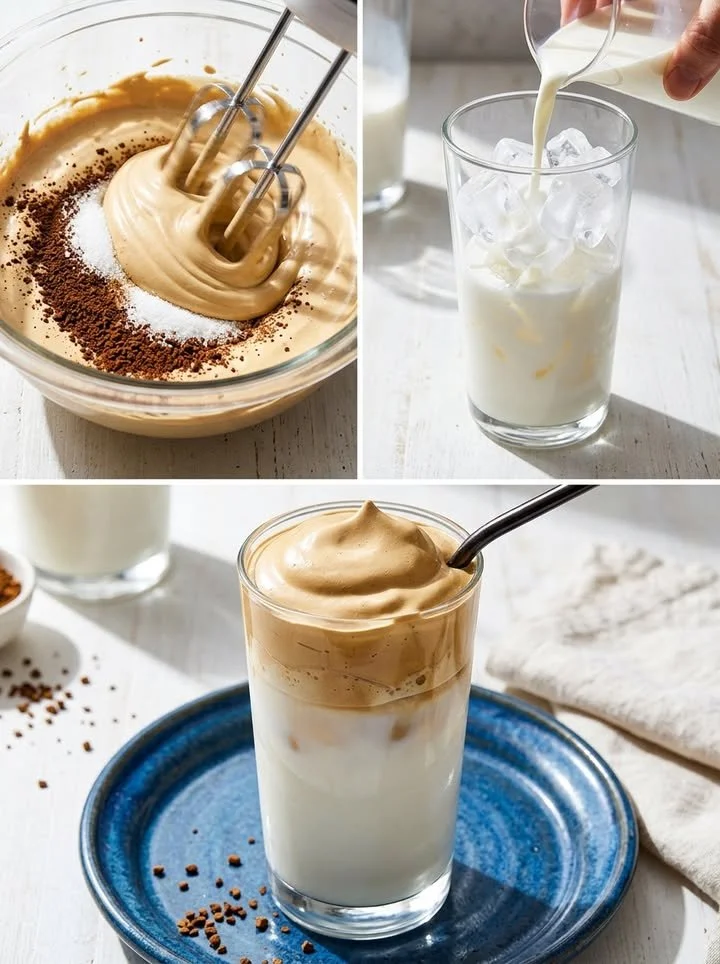 Glas mit Dalgona-Eiskaffee, dekoriert mit Kakaopulver