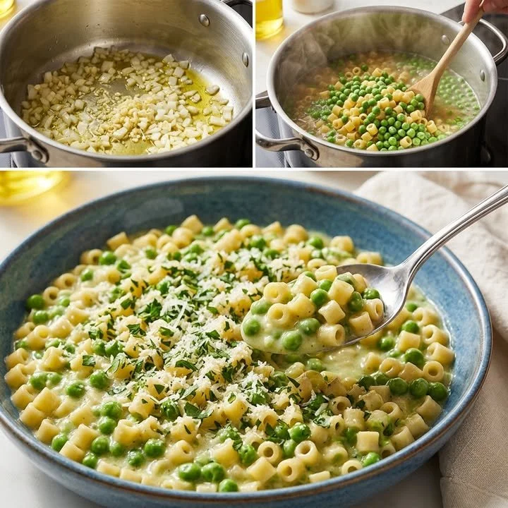 Echte italienische Erbsen-Pasta mit frischen Zutaten zubereitet.