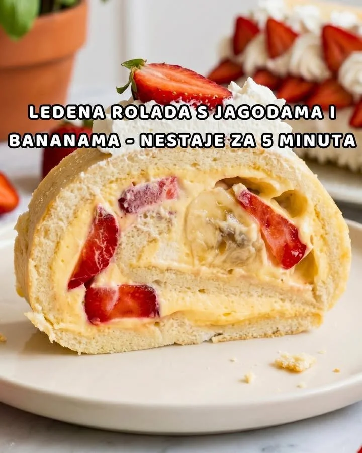 Eisrolle mit frischen Erdbeeren und Bananen auf einem Teller