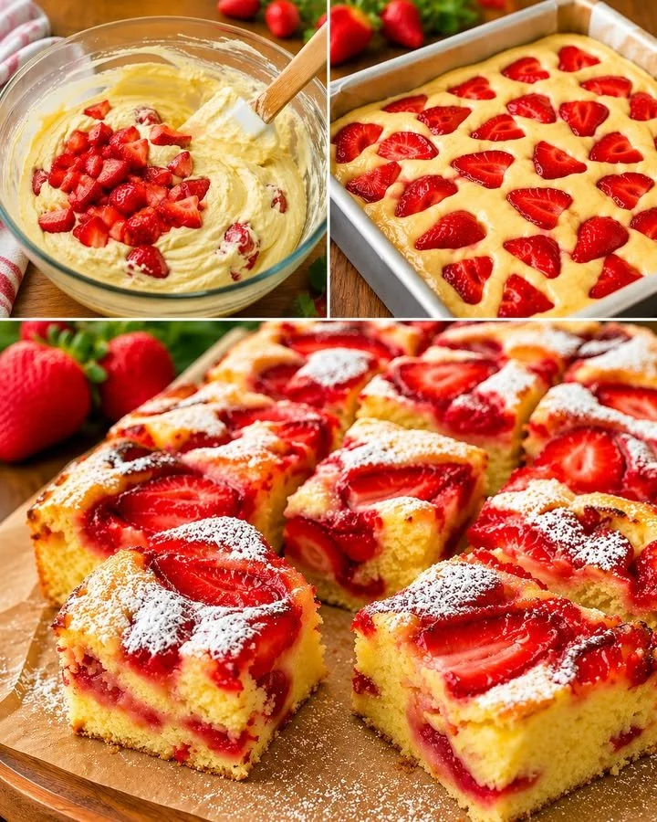 Erdbeer Biskuitkuchen vom Blech mit frischen Erdbeeren und Sahne