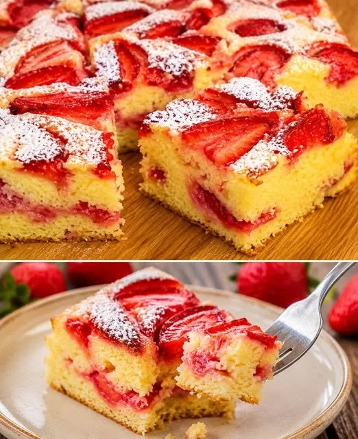 Erdbeer Biskuitkuchen vom Blech mit frischen Erdbeeren und Sahne