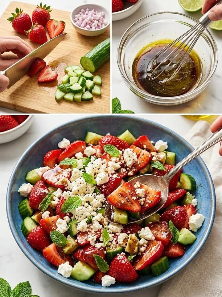 Frischer Erdbeer-Gurken-Feta-Salat mit bunten Zutaten in einer Schüssel.