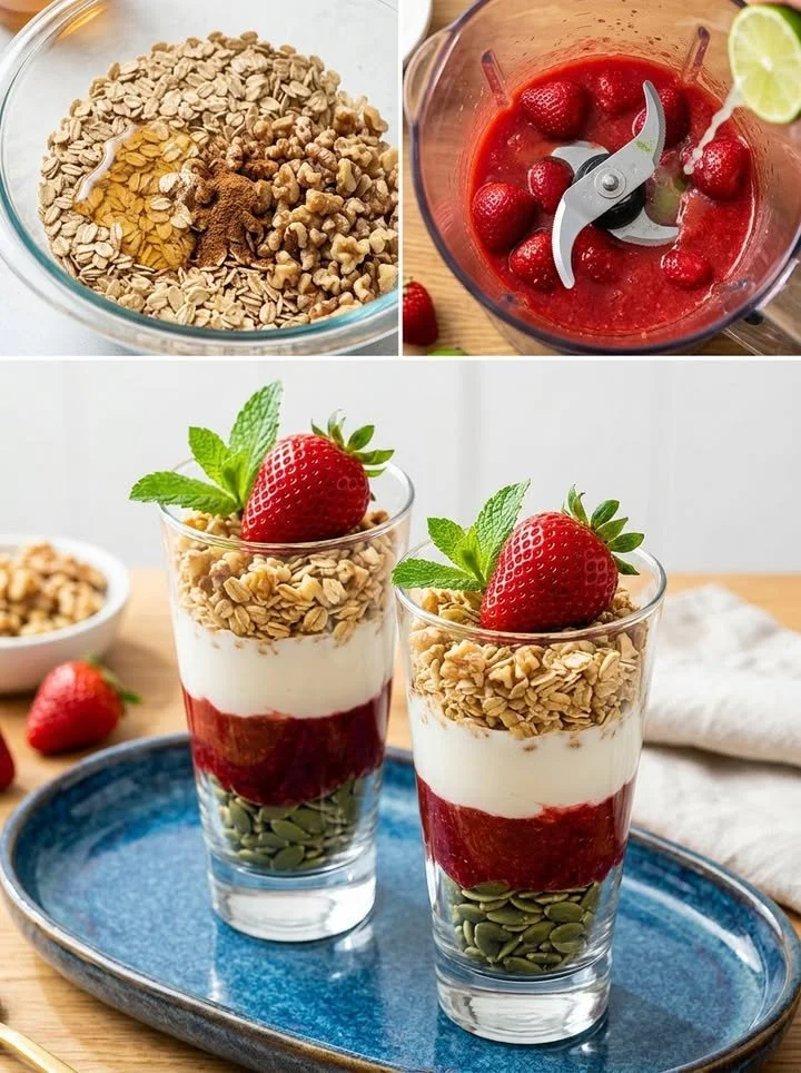Erdbeer-Hafer-Parfait mit frischen Erdbeeren und Haferflocken