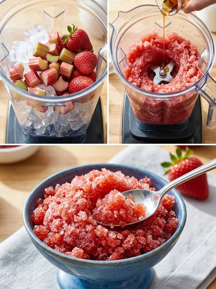 Erdbeer-Rhabarber-Granita in einem Glas mit frischen Früchten garniert.