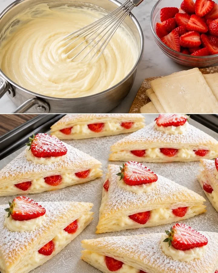 Erdbeerkissen aus Blätterteig, frisch gebacken mit saftigen Erdbeeren