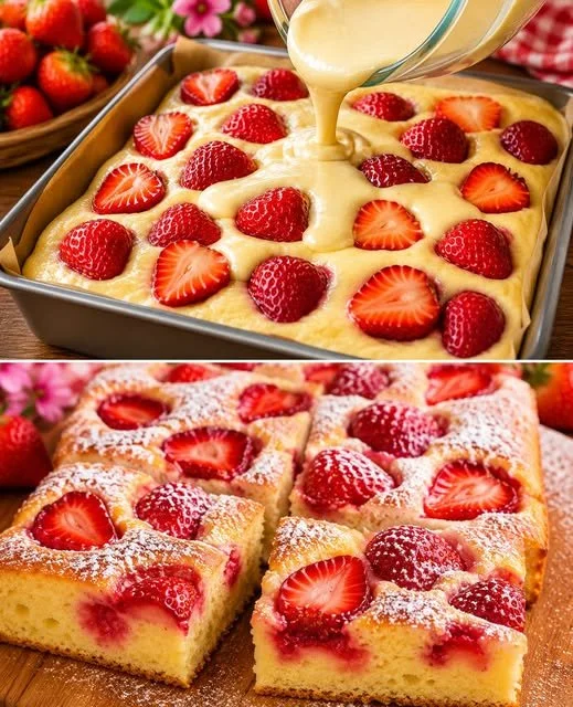 Erdbeerkuchen vom Blech mit frischen Erdbeeren und Sahne