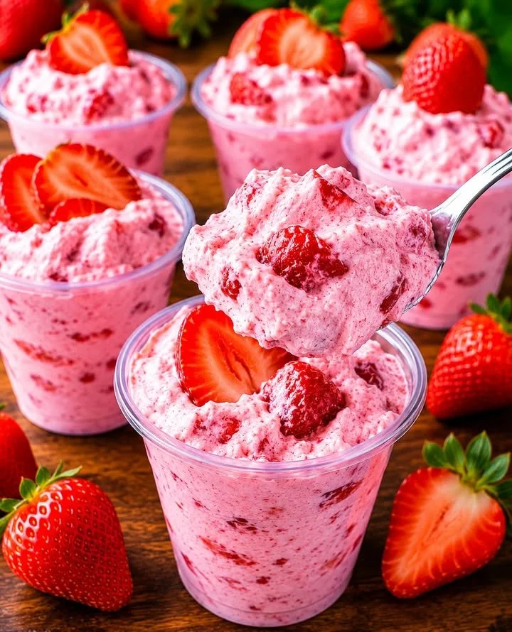 Zartes Erdbeerwolke Dessert mit frischen Erdbeeren und Sahne geschichtet