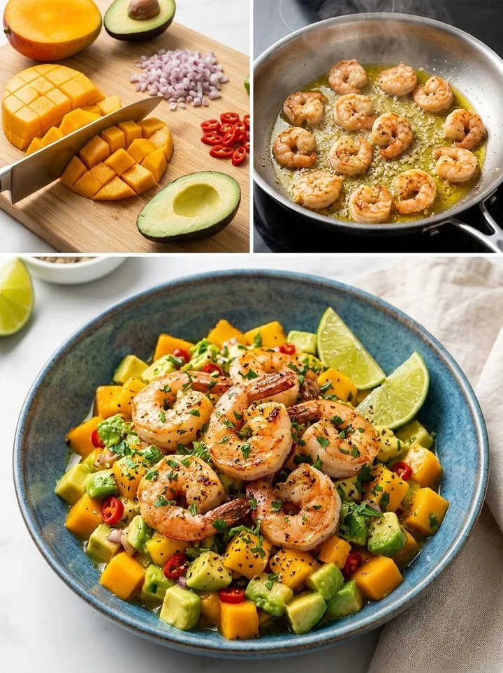 Erfrischende Mango-Avocado-Salsa mit feurigen Knoblauch-Garnelen auf einem Teller.