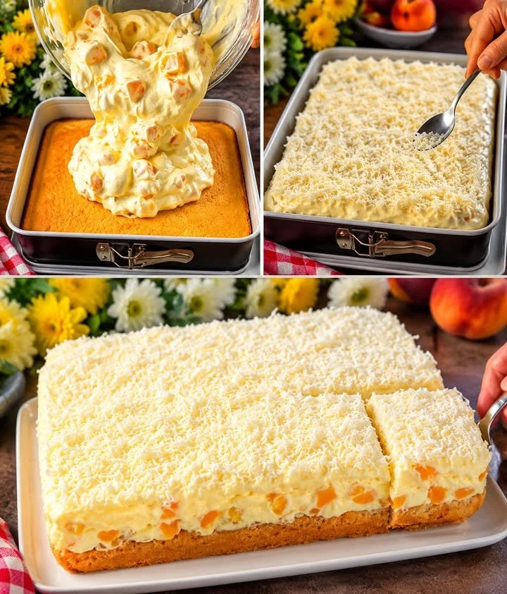Fantakuchen mit Paradiescreme auf einem Tisch, mit bunten Früchten dekoriert.