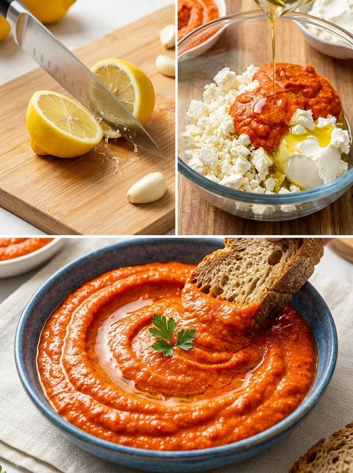Feta-Ajvar auf einer Platte mit frischem Gemüse und Brot serviert.