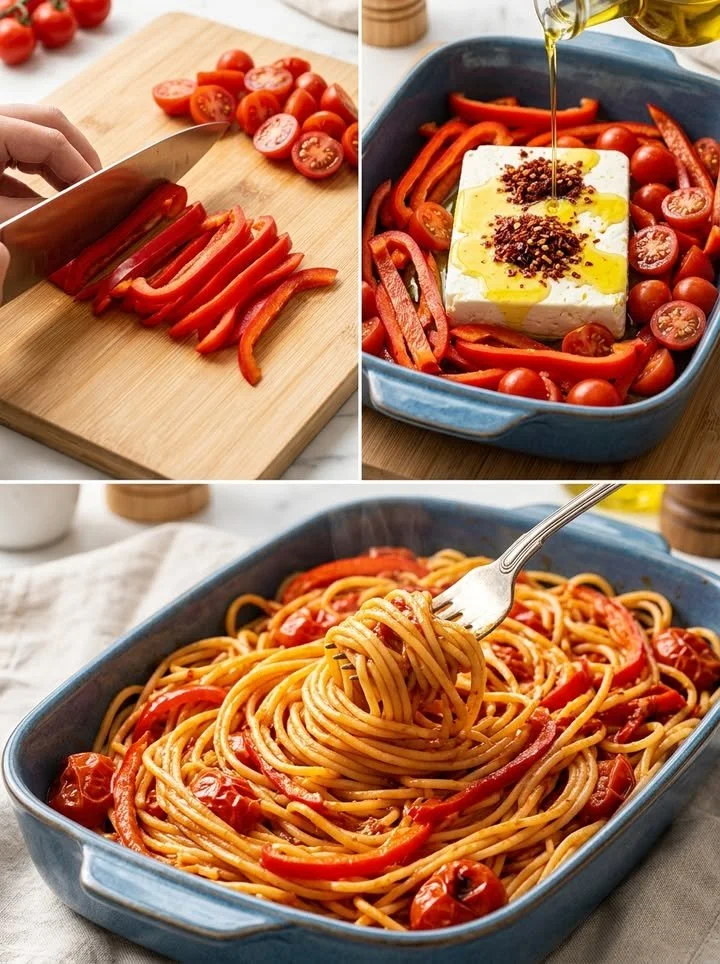 Leckeres Feta-Chili-Pasta Gericht mit frischen Zutaten.