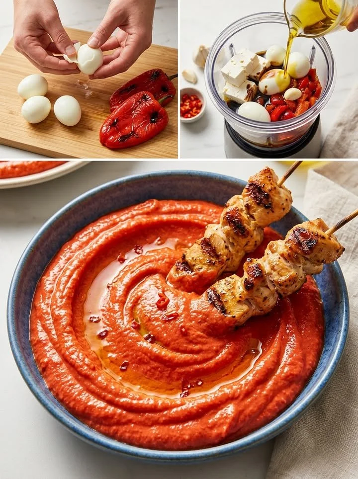 Feta-Paprika-Ei-Dip in einer Schüssel mit frischem Brot