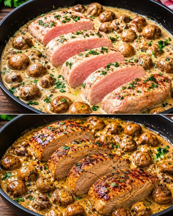 Filetbraten in Frischkäse-Senfsauce serviert mit Beilagen.