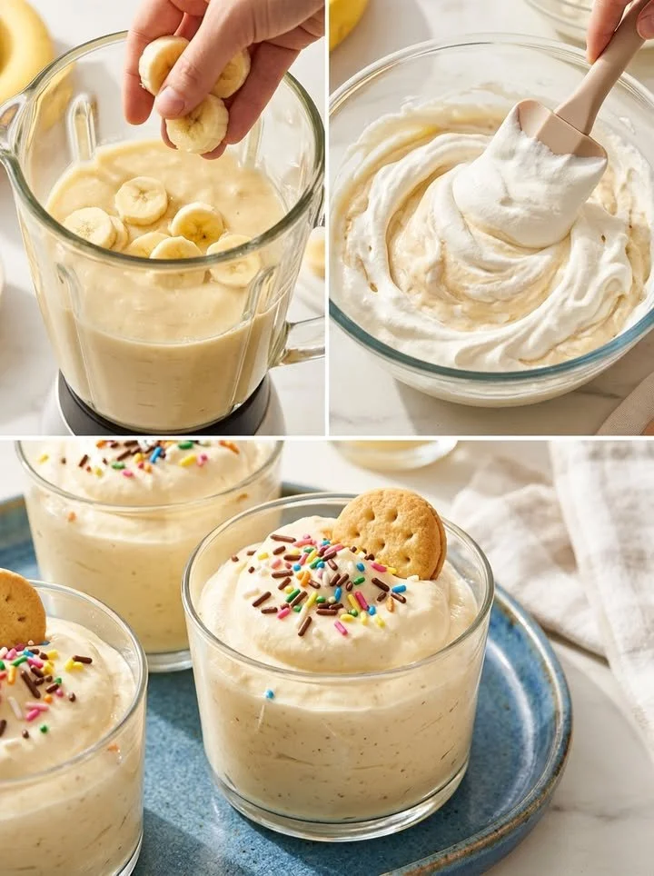 Fluffige Bananenmousse serviert in Schüssel mit frischen Bananen
