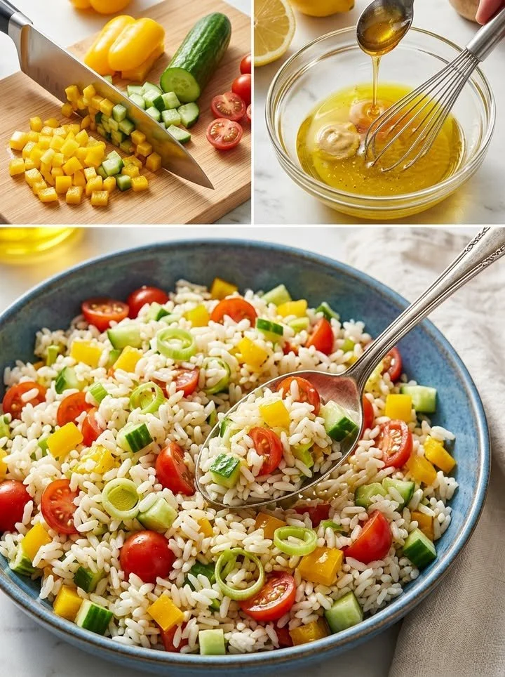 Frischer Reis- und Gemüsesalat mit buntem Gemüse