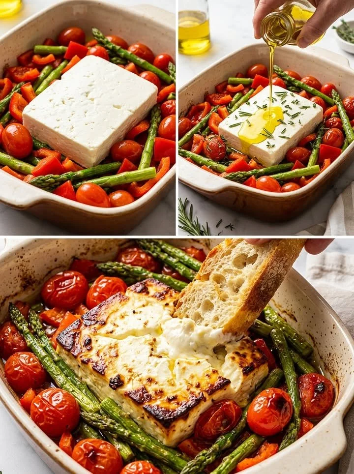 Gebackener Feta mit buntem mediterranem Gemüse auf einem Teller