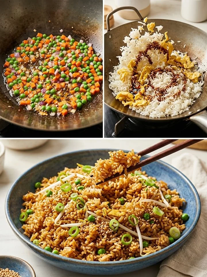 Gebratene Asia-Reispfanne mit frischem Gemüse und würzigen Aromen